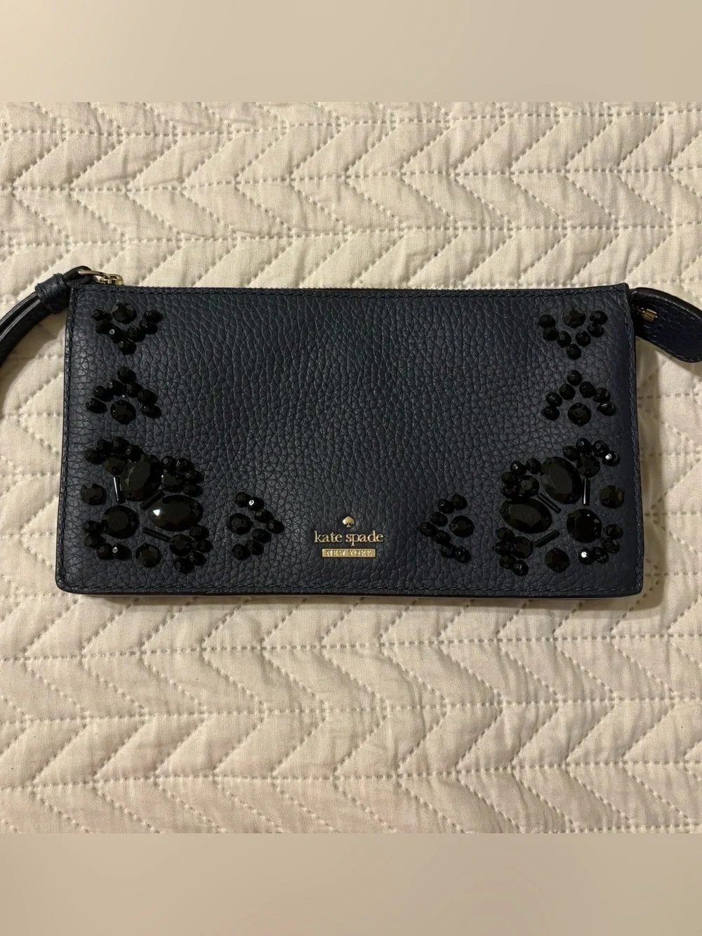 Kate Spade Navy Jeweled Pebble Leather Wristlet